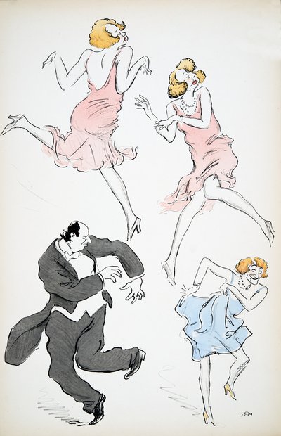 Three illustrations of transvestites in blue and pink dresses dancing with a larger gentleman in white tie and tails, from White Bottoms, pub. 1927 by Sem
